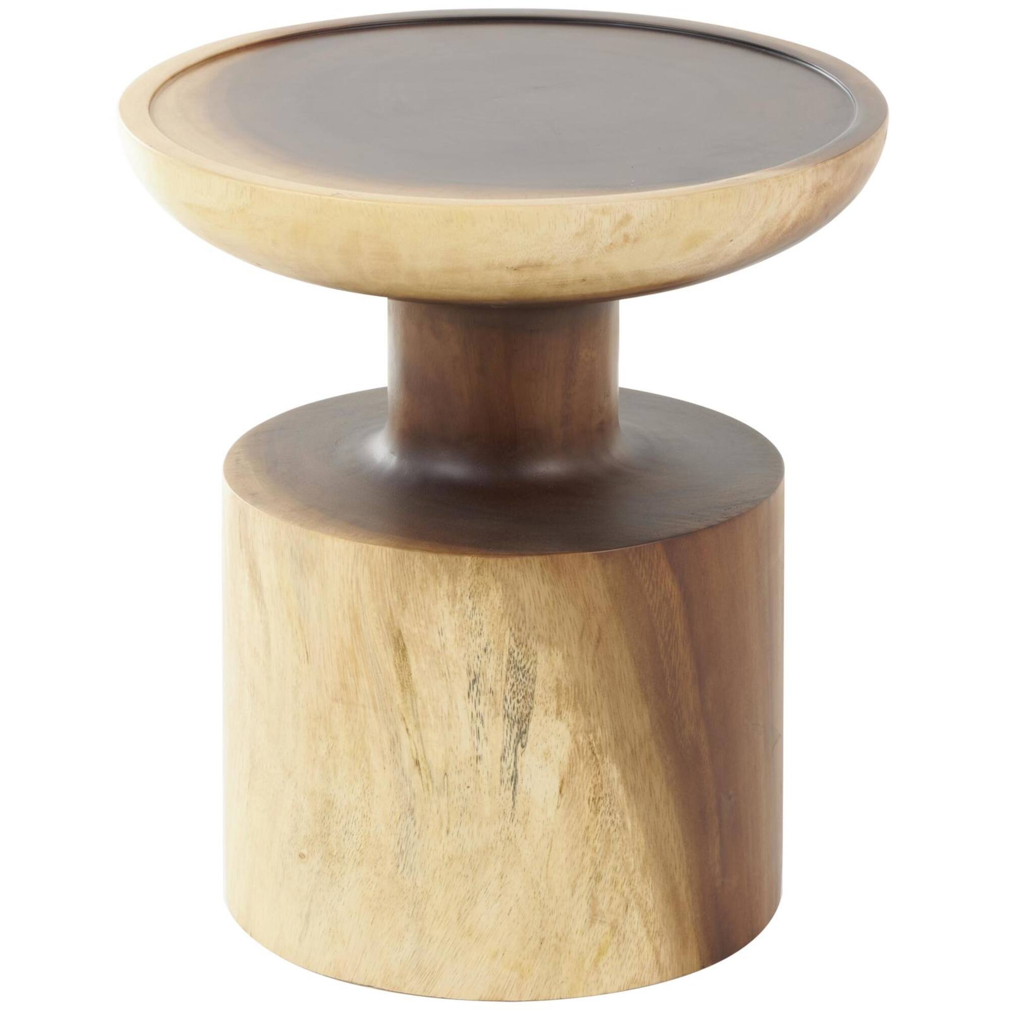 18" x 16" Natural Brown Round Handmade Albizia Wood Accent Table with Cylindrical Base